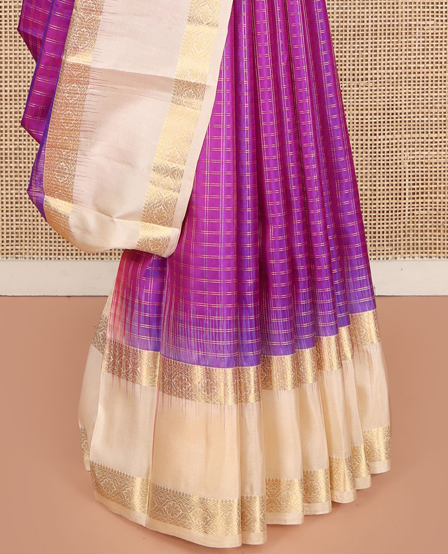 Purple Vasundhara Silk Saree, Steeped in Richness of Micro-Zari Checks All Over Its Body, Complemented by Contrast Rettai Pettu Border of Thilakam Mokku, Diamond, and Cross Kamalam Designs, Grand Jaal Pallu, and Paired with a Contrast Blouse