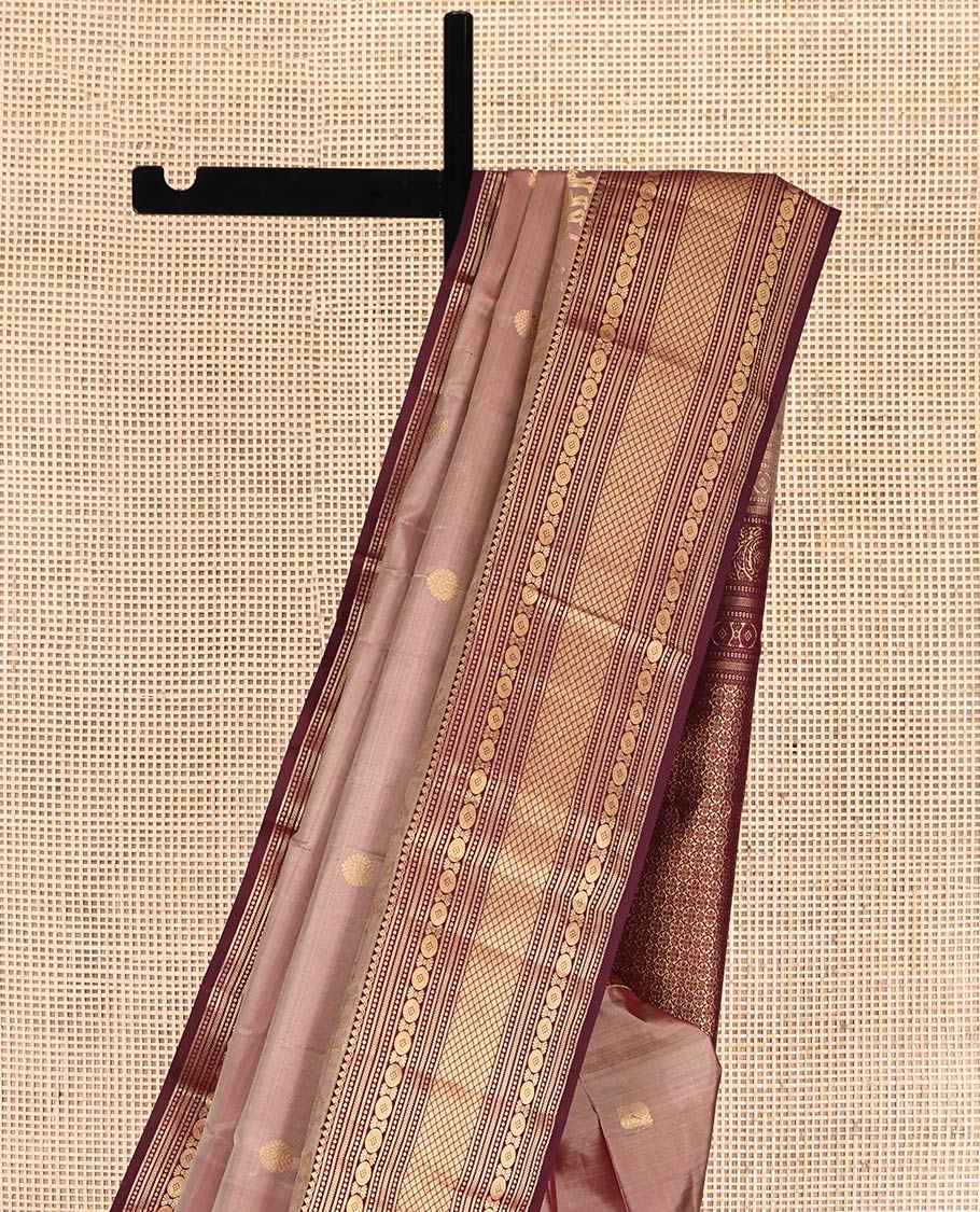 Pink Vasundhara Silk Saree, Delicately Woven with Mayil-Chakram Buttas, a Contrast Traditional Border of Wedding-Themed Designs, Grand Pallu, and a Contrast Blouse