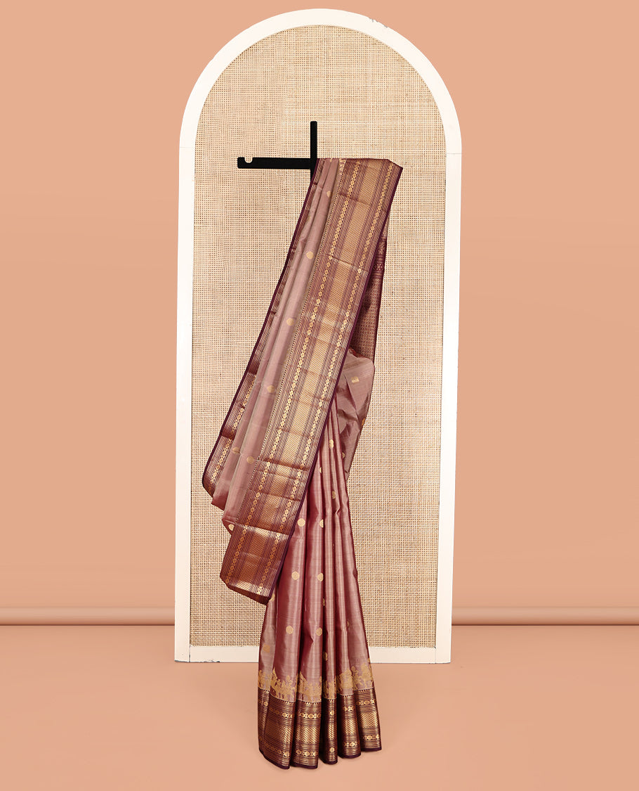 Pink Vasundhara Silk Saree, Delicately Woven with Mayil-Chakram Buttas, a Contrast Traditional Border of Wedding-Themed Designs, Grand Pallu, and a Contrast Blouse