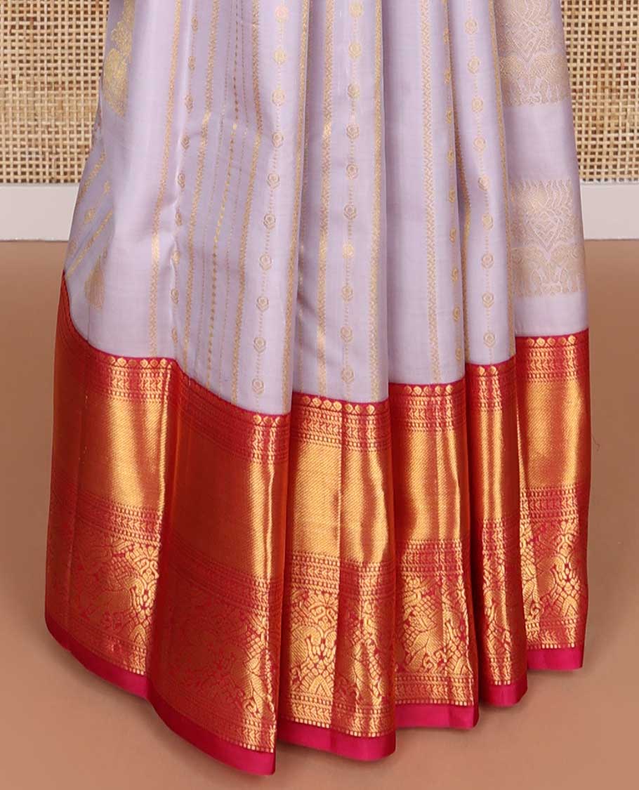 Lavender floral design silk saree with contrast border of rekku, banaras, muthu, mayil design & jaal pallu