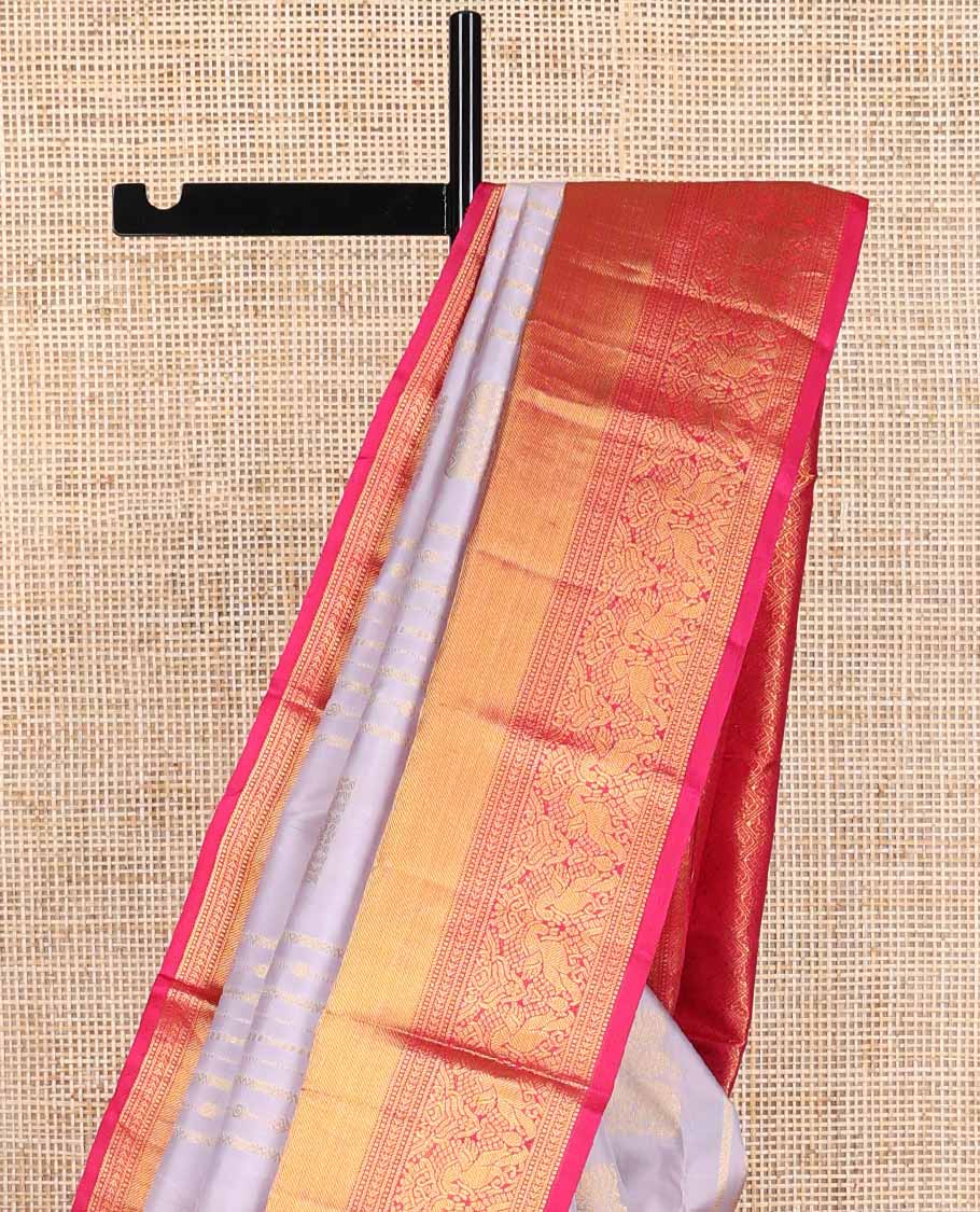 Lavender floral design silk saree with contrast border of rekku, banaras, muthu, mayil design & jaal pallu
