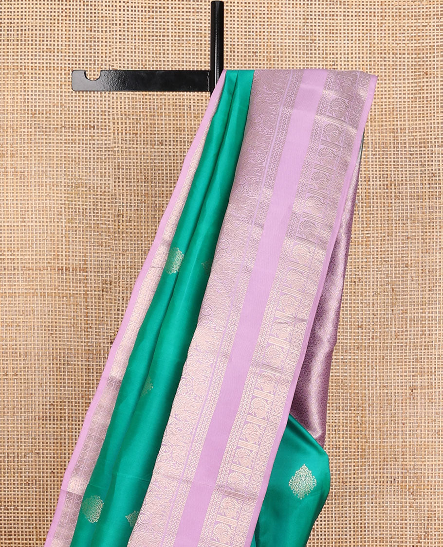 Turquoise zari buttas silk saree, contrast intricate pallu & rettai pettu border of thilakam,yaanai,neli & mayil