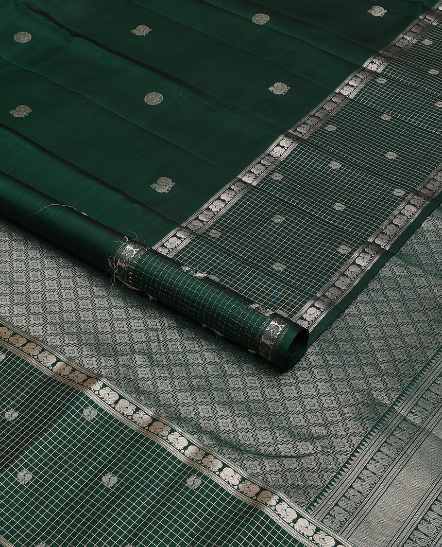 Green mayil chakram buttas silk saree, intricate pallu & zari border of muthu,banaras,mayil & zari checked border