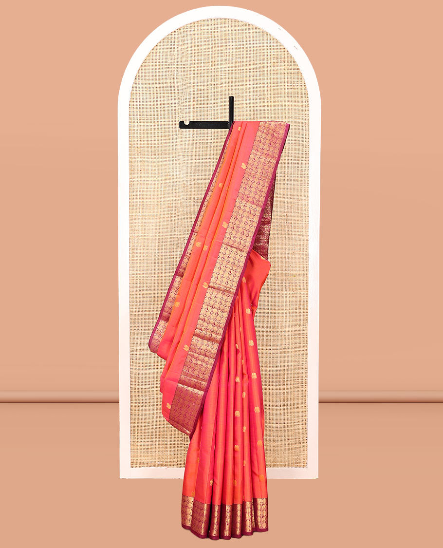 Orange Vasundhara Silk Saree, Woven with Mayil-Yaanai Buttas, Contrast Mayil-Yaanai Chakra-Enclosed Checked Border, Grand Pallu, and a Contrast Blouse