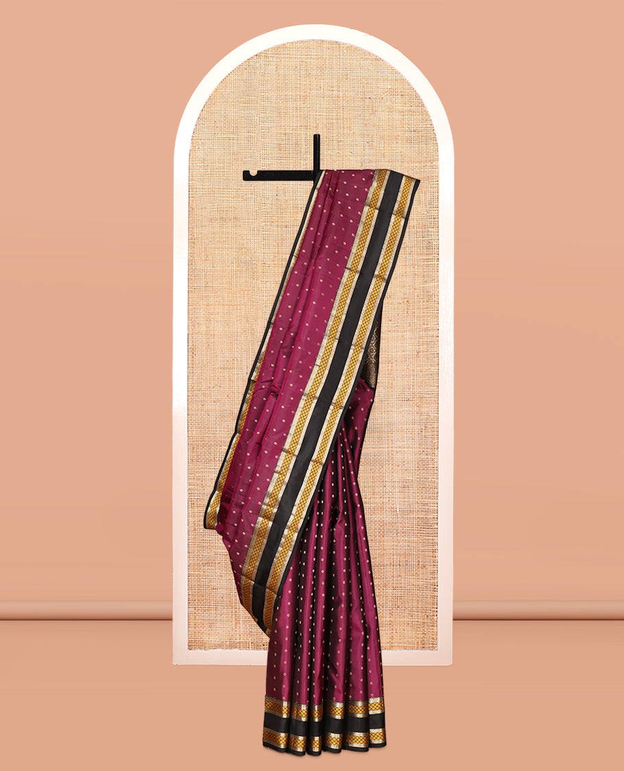 Magenta Vasundhara Silk Saree, Woven with Zari Buttas, Contrast Rettai Pettu Border of Rekku, Neli, and Jaal, Grand Pallu, and Contrast Blouse