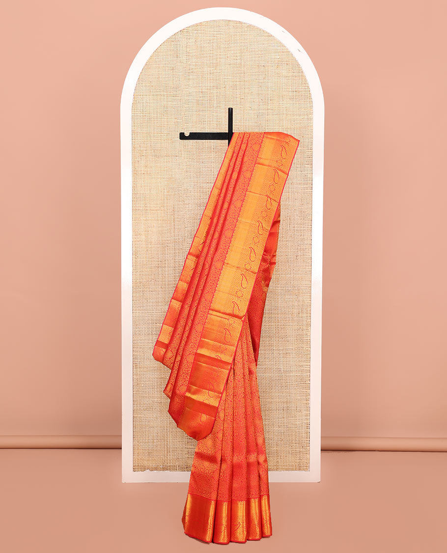 Red Kanchipuram Wedding Silk Saree, Majestically Detailed with Jacquard Design on Its Body, Highlighted by Zari Border of Traditional Designs, Grand Jaal Pallu, and Paired with a Matching Blouse
