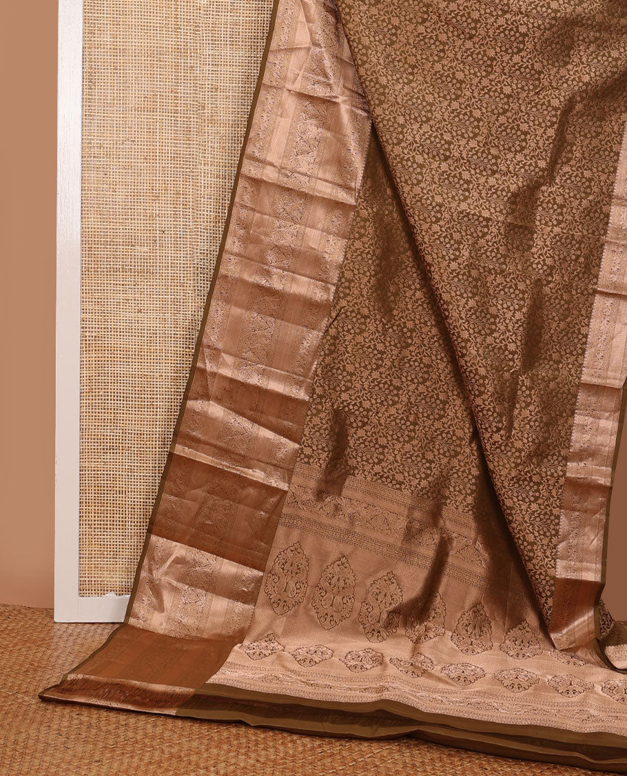 Brown floral jaal jacquard wedding silk saree, intricately accentuated pallu & border of thilakam,neli,mayil,annam & kuthirai designs