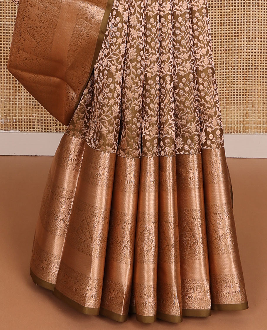 Brown floral jaal jacquard wedding silk saree, intricately accentuated pallu & border of thilakam,neli,mayil,annam & kuthirai designs
