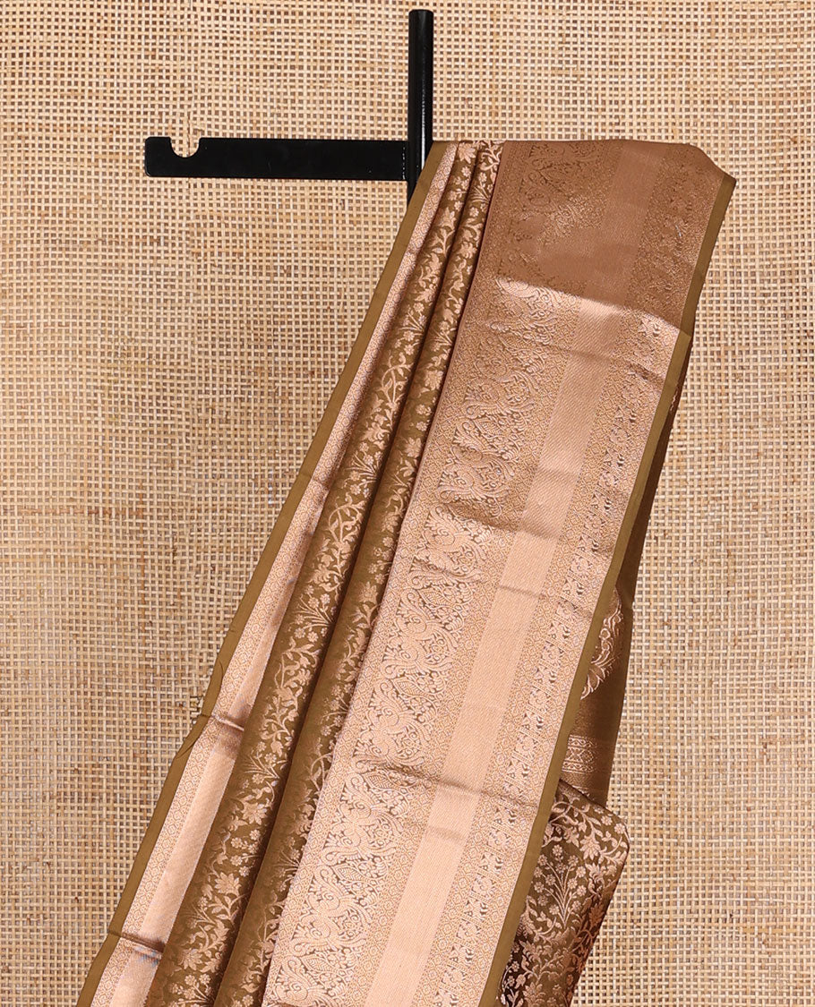 Brown floral jaal jacquard wedding silk saree, intricately accentuated pallu & border of thilakam,neli,mayil,annam & kuthirai designs