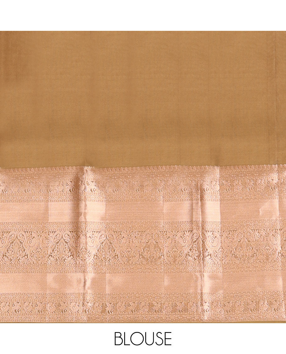 Brown floral jaal jacquard wedding silk saree, intricately accentuated pallu & border of thilakam,neli,mayil,annam & kuthirai designs
