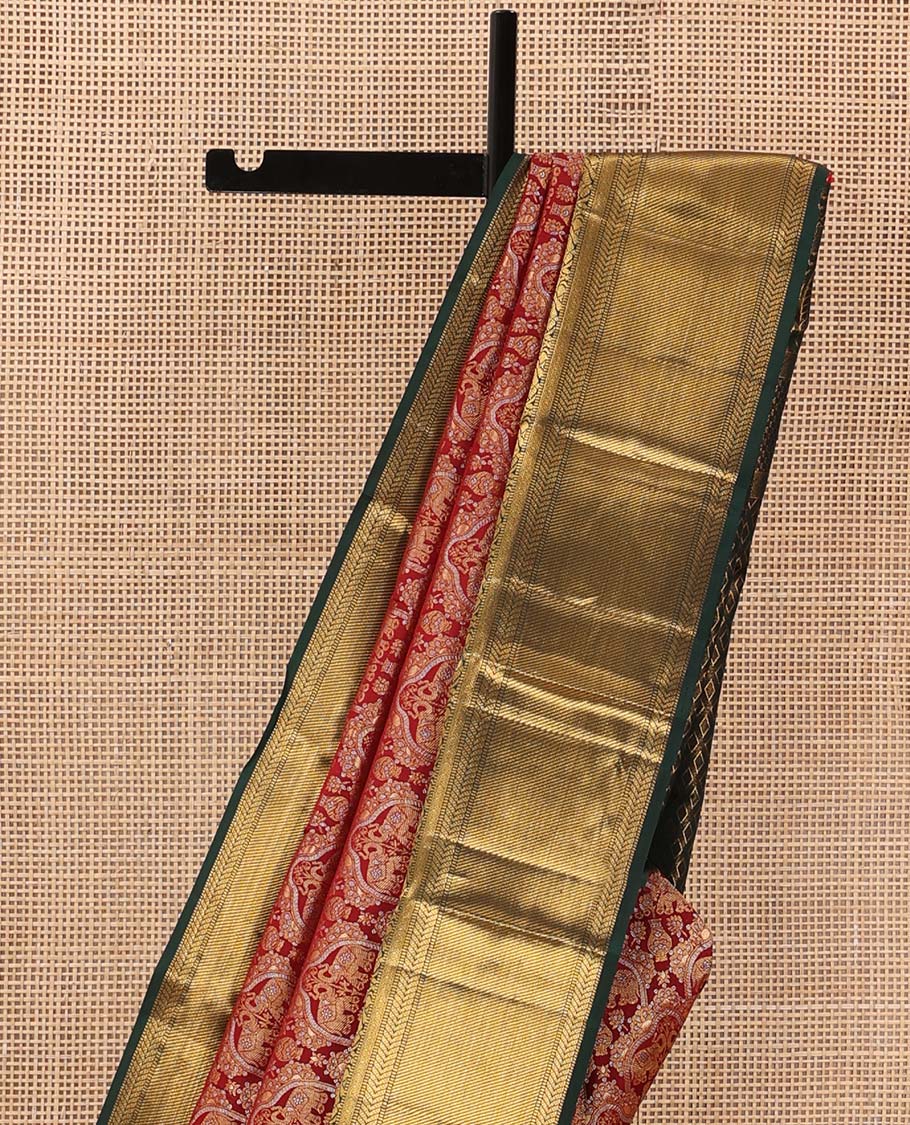 Cherry red yaanai jacquard wedding silk saree, contrast thilakam, muthu, kathir, diamond, kuthirai, and zari stripes, and jaal pallu