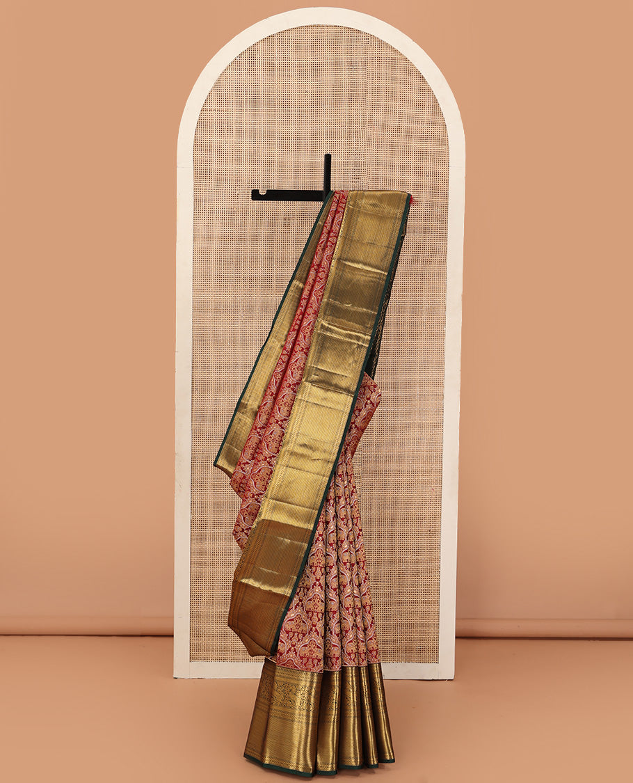 Cherry red yaanai jacquard wedding silk saree, contrast thilakam, muthu, kathir, diamond, kuthirai, and zari stripes, and jaal pallu