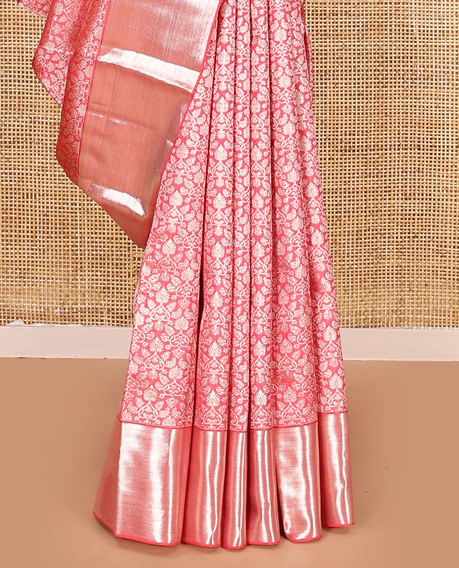 Red jacquard kanchipuram silk saree, zari border, and zari-rich pallu of vanki designs