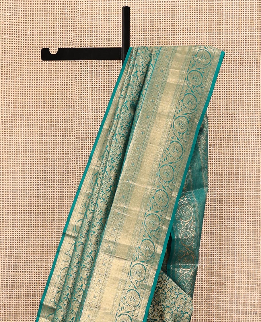 Rama Blue Kanchipuram Wedding Silk Saree, Steeped in Richness with Yaanai Jacquard on Its Body, Highlighted by a Zari Border of Rekku, Vanki, Diamond, and Kodi Visiry Designs, Grand Jaal Pallu, and Paired with a Matching Blouse