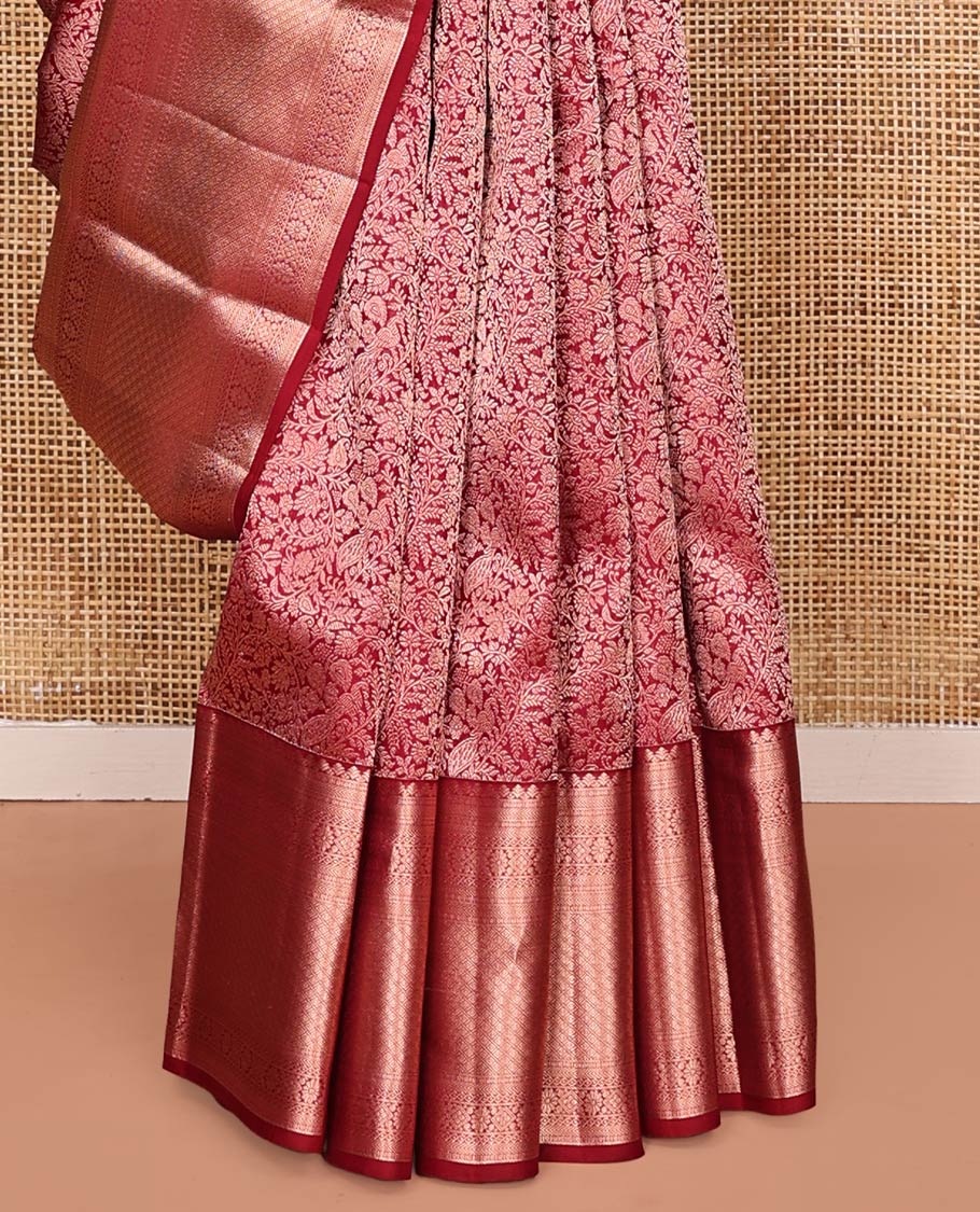 Red Kanchipuram Wedding Silk Saree, Opulently Embellished with Jacquard Design on Its Body, Highlighted by Zari Border of Kathir, Kamalam, Diamond, and Jaal Designs, Grand Jaal Pallu, and Paired with a Matching Blouse