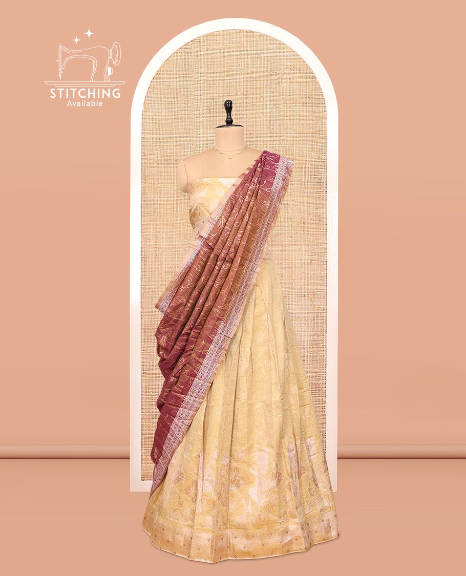 Sandal-Purple Banarasi Half-Saree Features Floral Vine Design Skirt, a Self-Border, a Matching Blouse, and a Contrast Floral Vine Dhavani