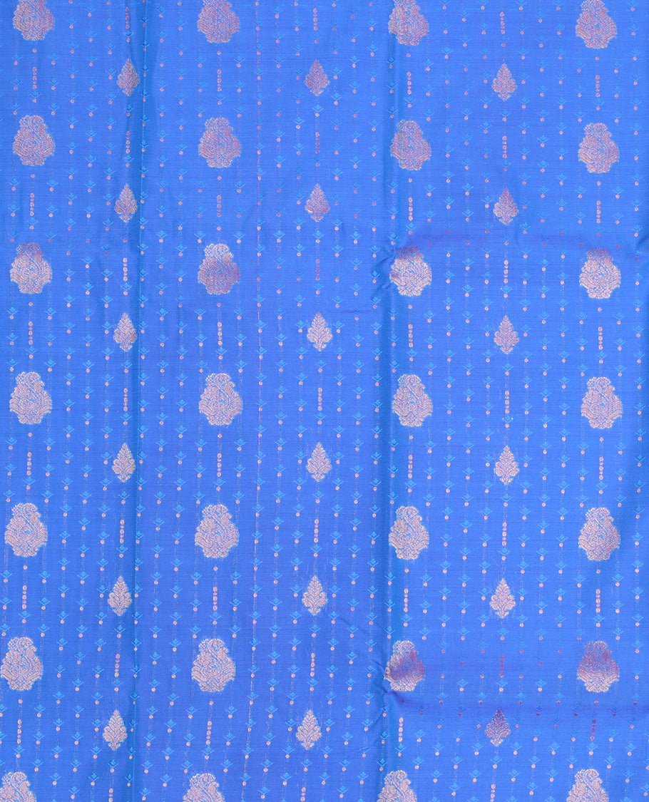 Royal blue silk pavadai set, zari buttas with contrast traditional zari bordered skirt and a contrast zari border blouse