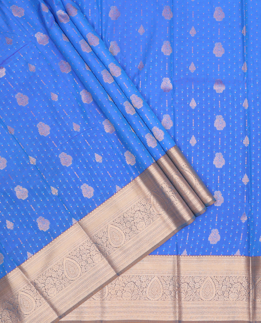Royal blue silk pavadai set, zari buttas with contrast traditional zari bordered skirt and a contrast zari border blouse