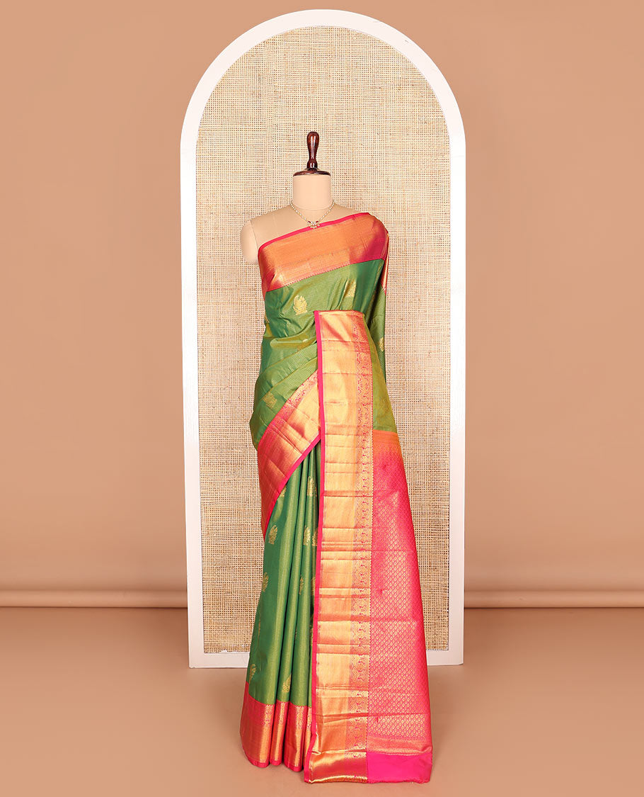 Green zari stripes, and zari buttas budget silk saree, contrast traditional zari design border, and intricate pallu
