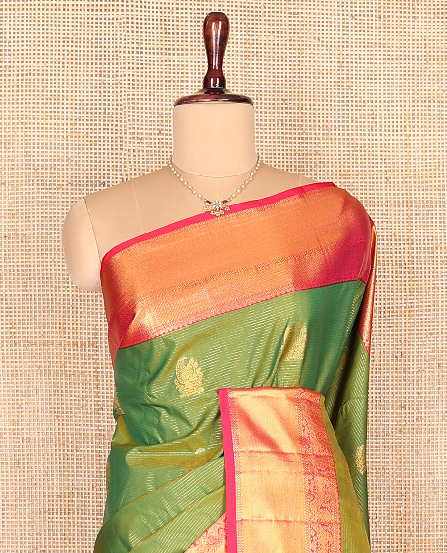Green zari stripes, and zari buttas budget silk saree, contrast traditional zari design border, and intricate pallu