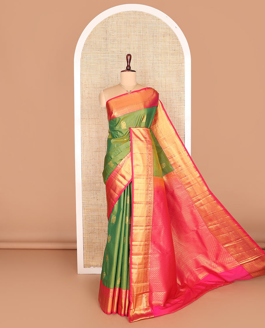 Green zari stripes, and zari buttas budget silk saree, contrast traditional zari design border, and intricate pallu