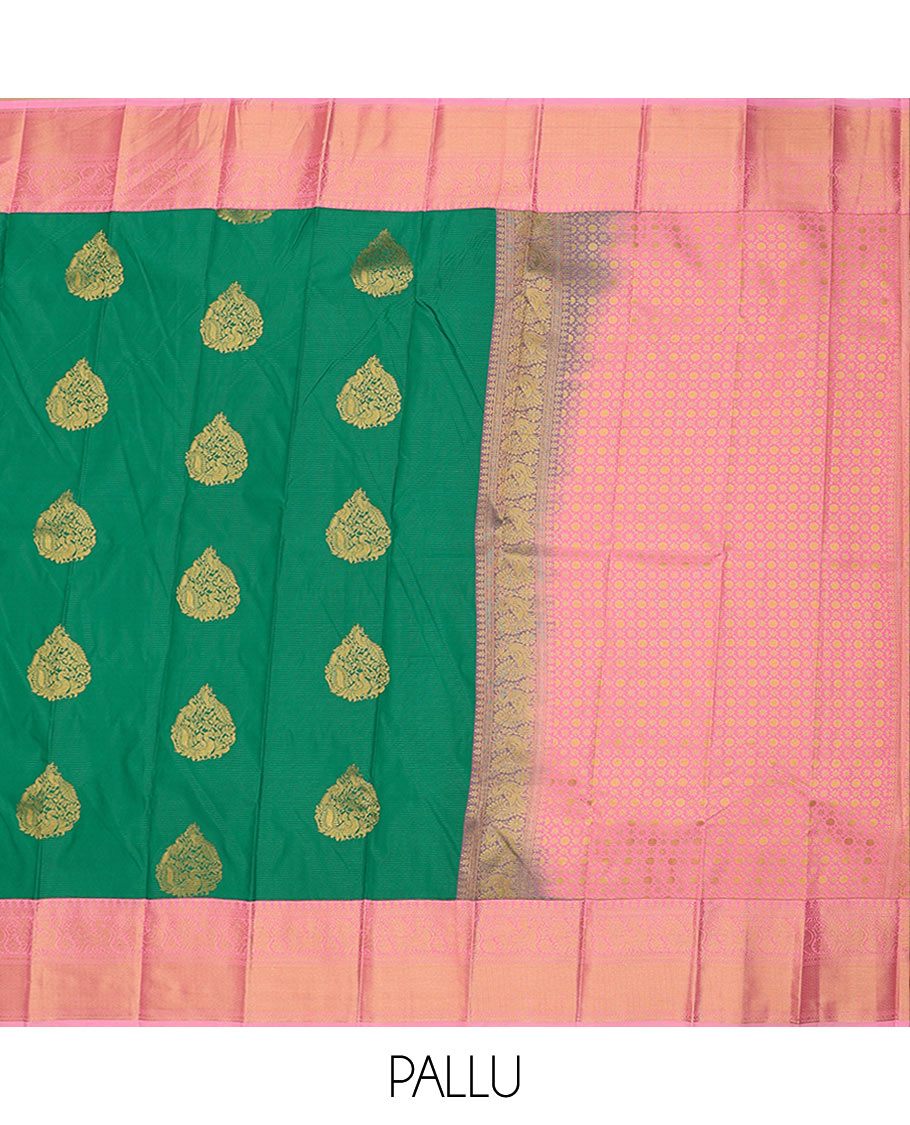 Green thilakam peacock buttas and striped budget silk saree, contrast traditional zari border, and intricately woven pallu