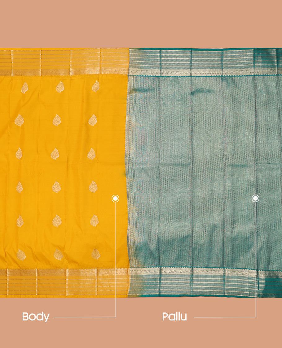 Yellow Budget Silk Saree Artfully Detailed with Zari Peacock Buttas, Featuring a Traditional Zari-Design Steeped Border, Captivating Contrast Jaal Pallu, and a Contrast Blouse