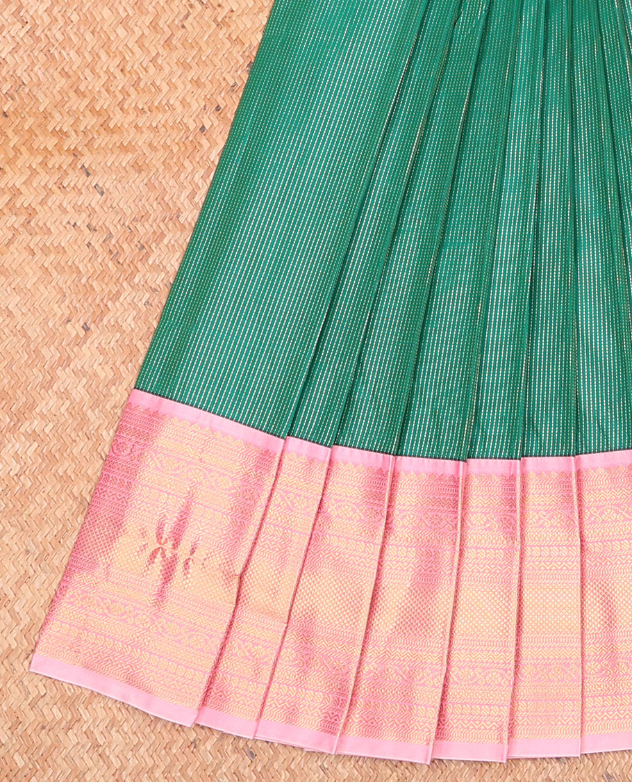 Green Budget Silk Saree Decked Up with Zari Dotted Stripes, Complemented by a Contrast Traditional Zari Design Border, Elegantly Designed Jaal Pallu, and Paired with a Contrast Blouse