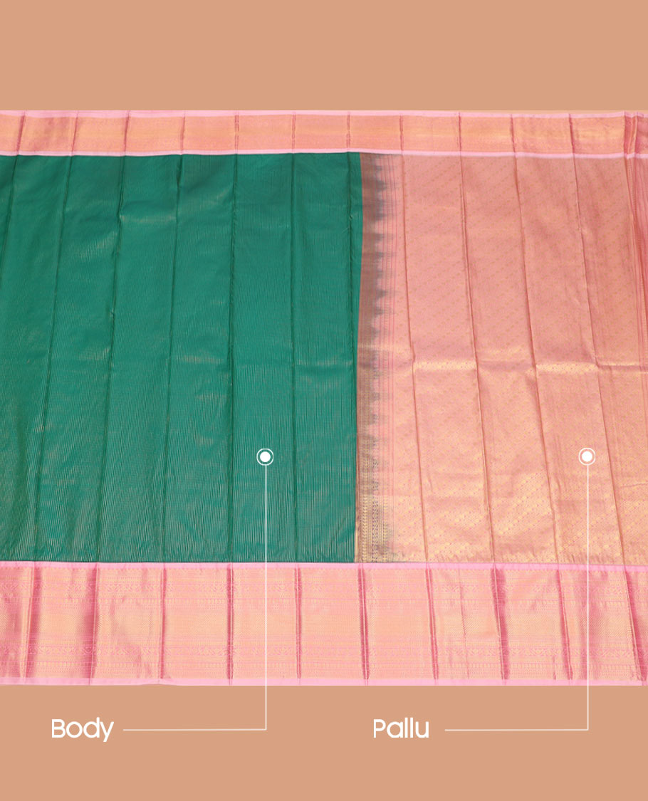 Green Budget Silk Saree Decked Up with Zari Dotted Stripes, Complemented by a Contrast Traditional Zari Design Border, Elegantly Designed Jaal Pallu, and Paired with a Contrast Blouse