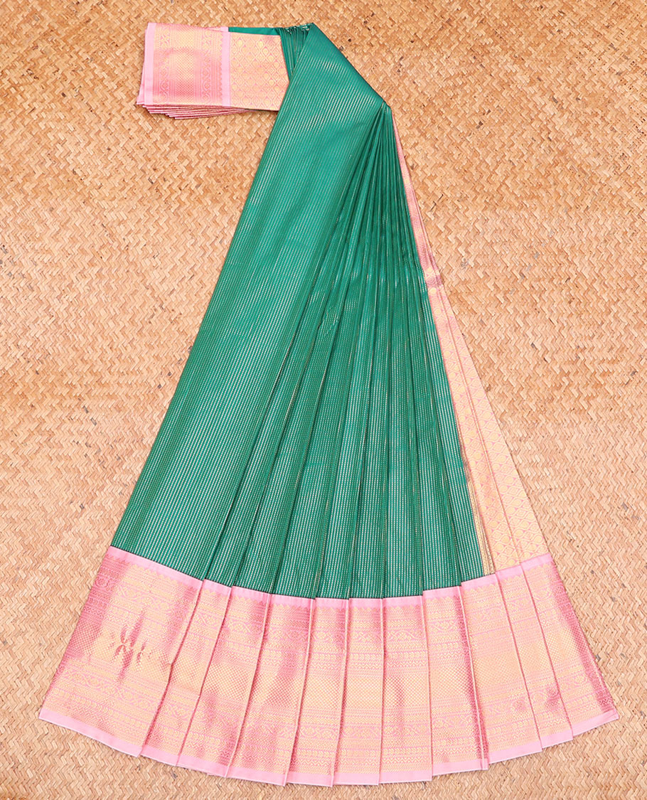 Green Budget Silk Saree Decked Up with Zari Dotted Stripes, Complemented by a Contrast Traditional Zari Design Border, Elegantly Designed Jaal Pallu, and Paired with a Contrast Blouse