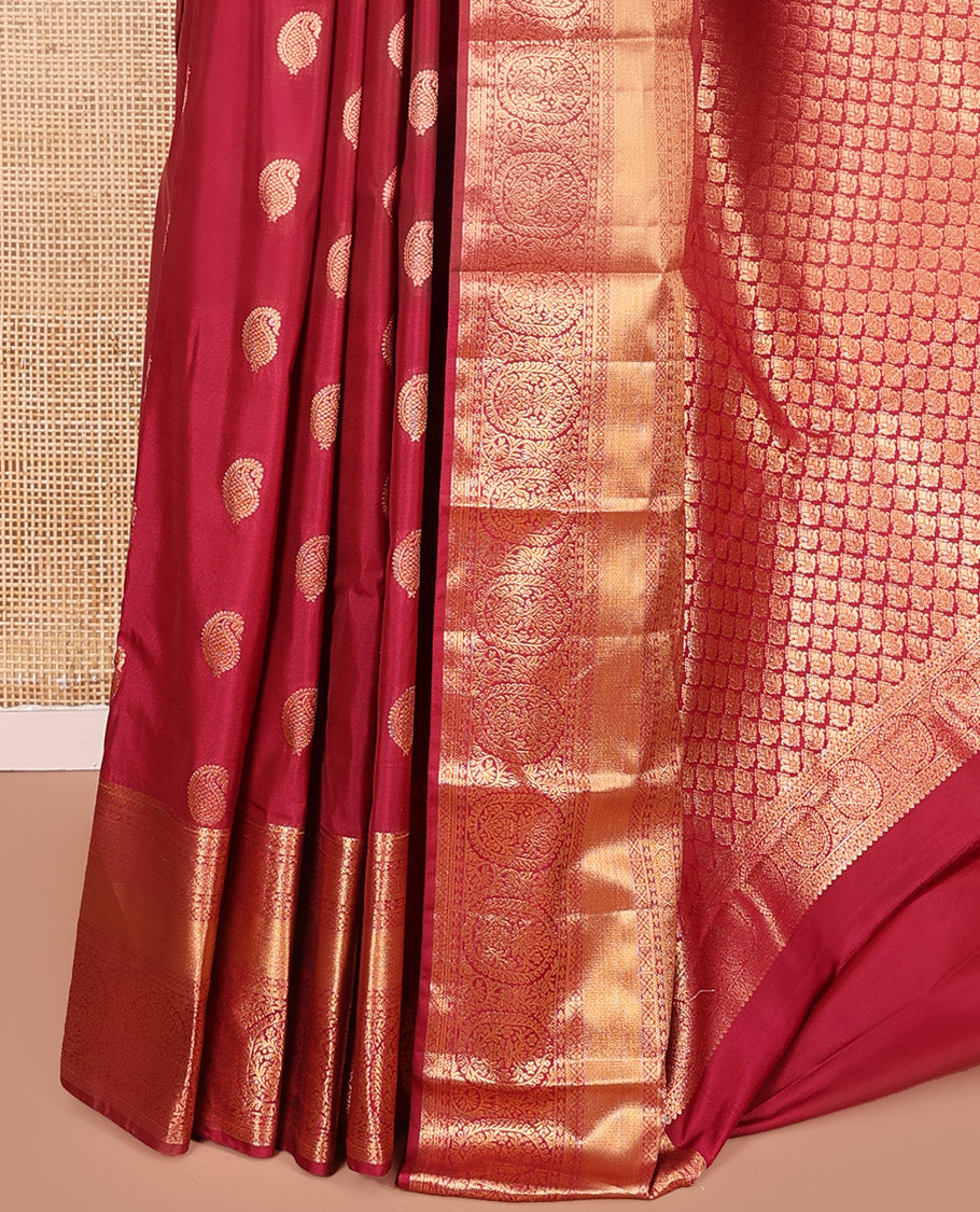 Red Budget Silk Saree Beautified with Paisley Buttas All Over Its Body, Highlighted by a Traditional Zari Design Border, Grand Pallu of Jaal Designs, and Paired with a Matching Blouse