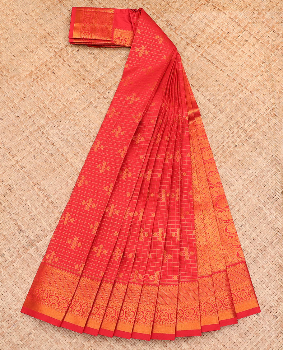Red Budget Silk Saree, Boldly Accentuated with Zari Buttas and Checks All Over Its Body, Highlighted by a Traditional Zari Design Border, Grand Pallu, and Paired with a Matching Blouse