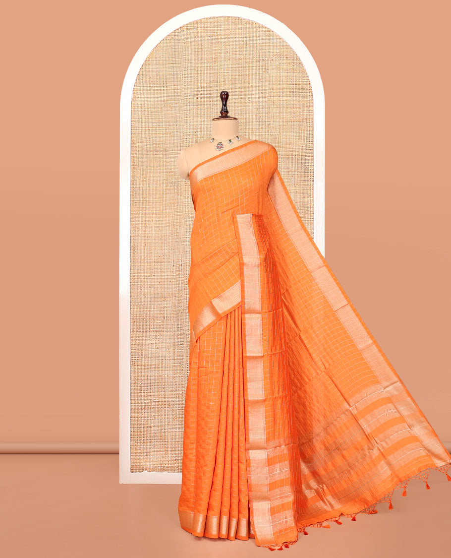 Orange Assam Silk Saree, Adorned with Checks, Highlighted by a Traditional Border, a Self-Pallu, and a Matching Blouse