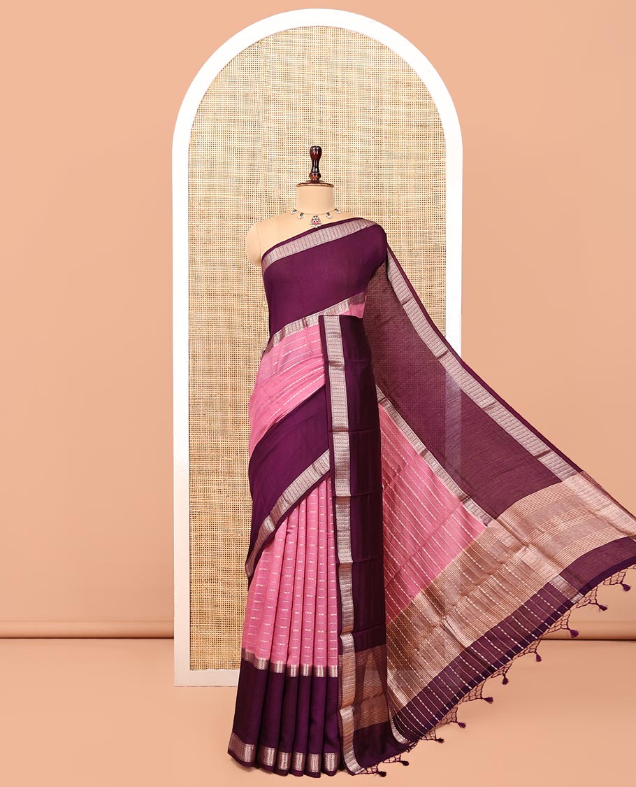 Pink Assam Silk Saree, Enthralled with Stripes, Complemented by a Contrast Traditional Border, Zari-Striped Pallu, and a Contrast Blouse