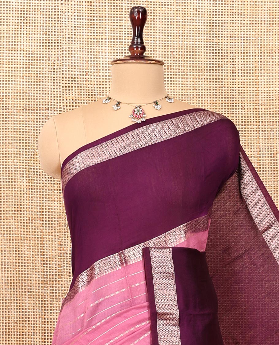 Pink Assam Silk Saree, Enthralled with Stripes, Complemented by a Contrast Traditional Border, Zari-Striped Pallu, and a Contrast Blouse