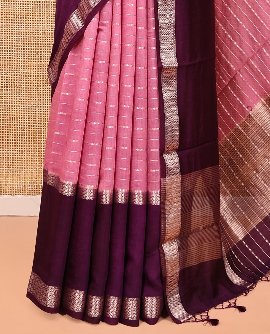 Pink Assam Silk Saree, Enthralled with Stripes, Complemented by a Contrast Traditional Border, Zari-Striped Pallu, and a Contrast Blouse