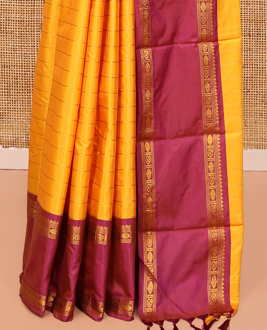 Yellow Budget Silk Saree, Mesmerized with Zari Checks, Contrast Traditional Zari Rettai Pettu Border, Zari Pallu, and a Matching Blouse