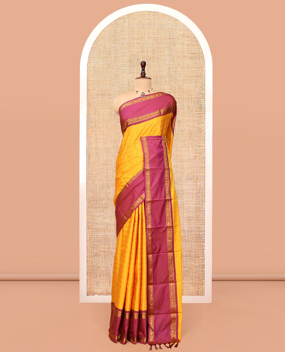 Yellow Budget Silk Saree, Mesmerized with Zari Checks, Contrast Traditional Zari Rettai Pettu Border, Zari Pallu, and a Matching Blouse