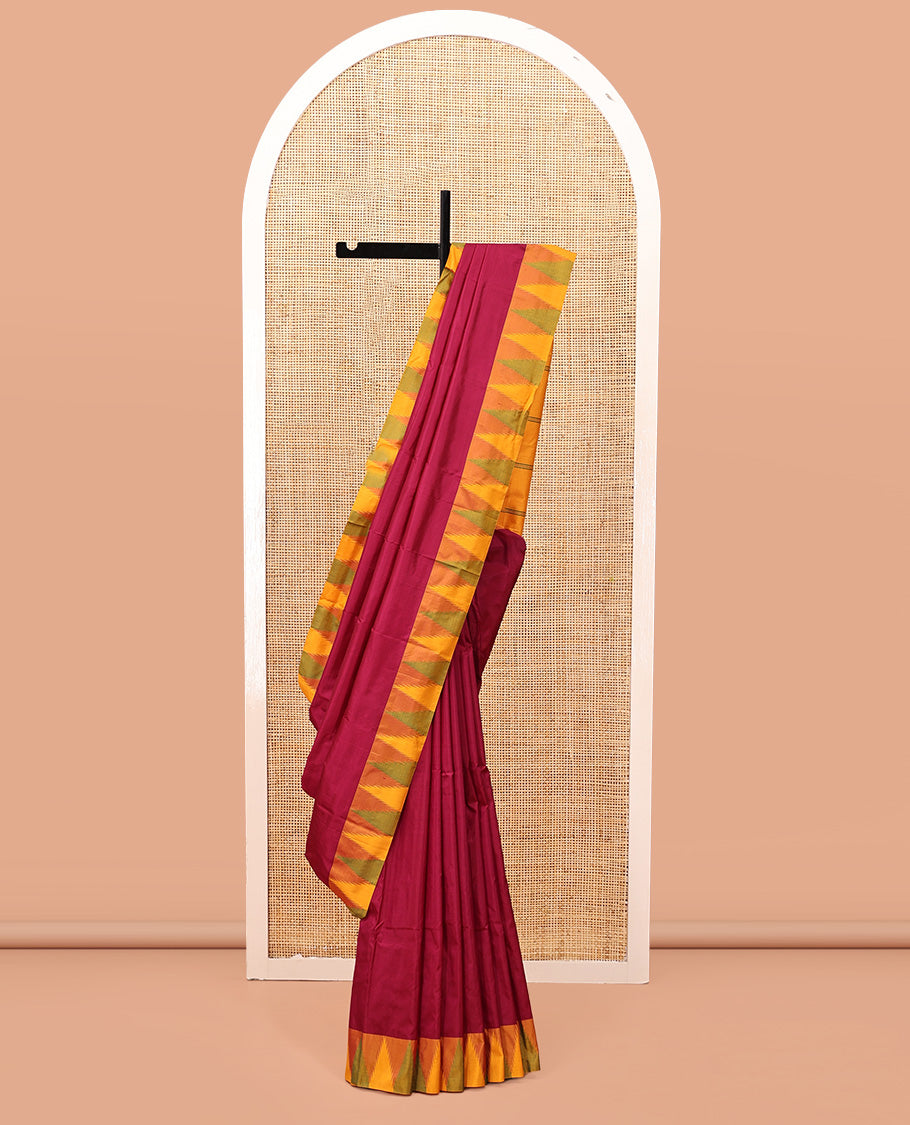 Red Plain Bangalore Silk Saree, Complemented by a Contrast Temple Border, Pallu of Stripes, and a Contrast Blouse