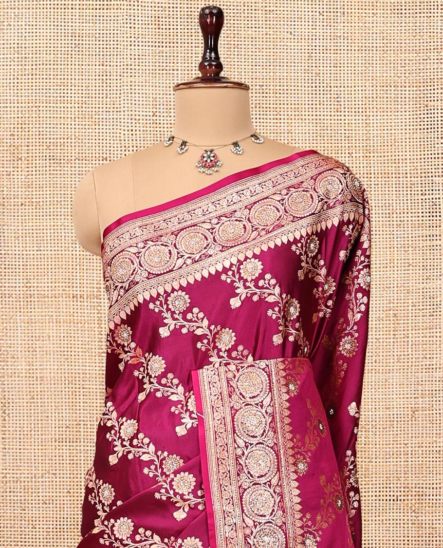 Red Wine Banarasi Satin Saree, Opulently Embellished with Floral Jaal Jacquard, a Floral Creeper Border, Intricate Stonework Pallu, and a Matching Blouse