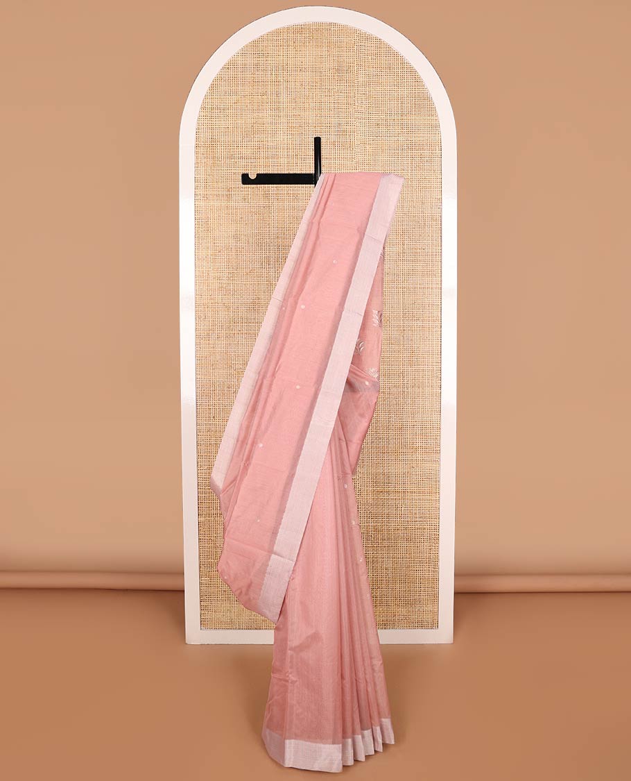Pastel red floral motifs chanderi cotton saree with contrast border & striped, floral design pallu