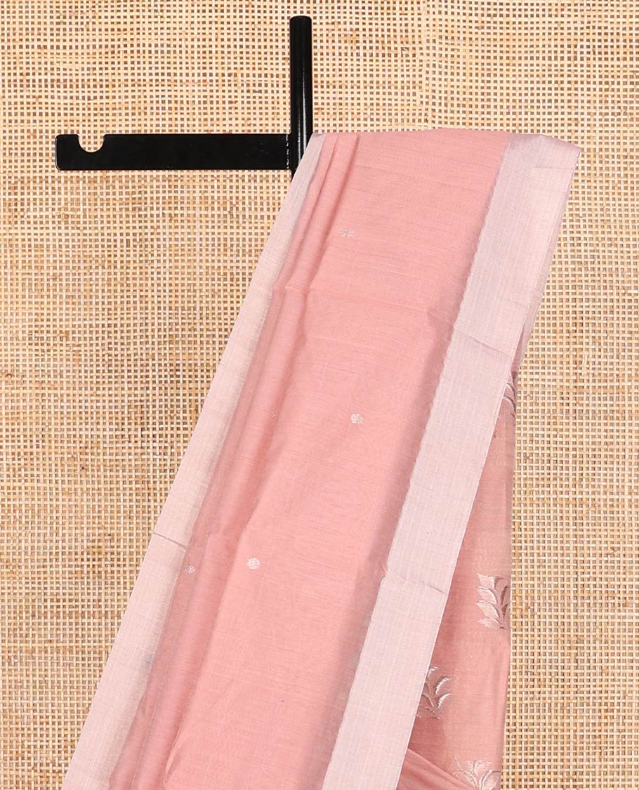 Pastel red floral motifs chanderi cotton saree with contrast border & striped, floral design pallu