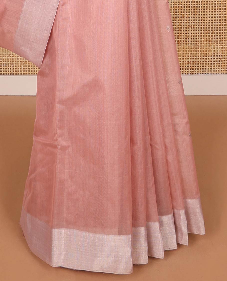 Pastel red floral motifs chanderi cotton saree with contrast border & striped, floral design pallu