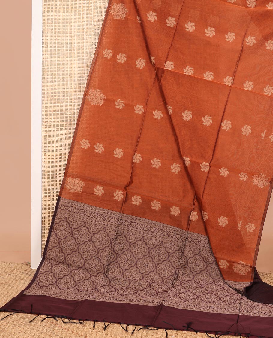 Borderless orange floral buttas semi-silk cotton saree, contrast traditional design steeped pallu