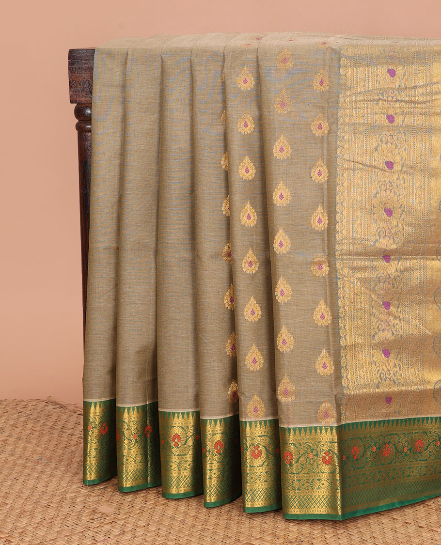 Grey meena buttas Venkatagiri cotton saree, contrast traditional zari border, and pallu of floral creeper, and paisleys