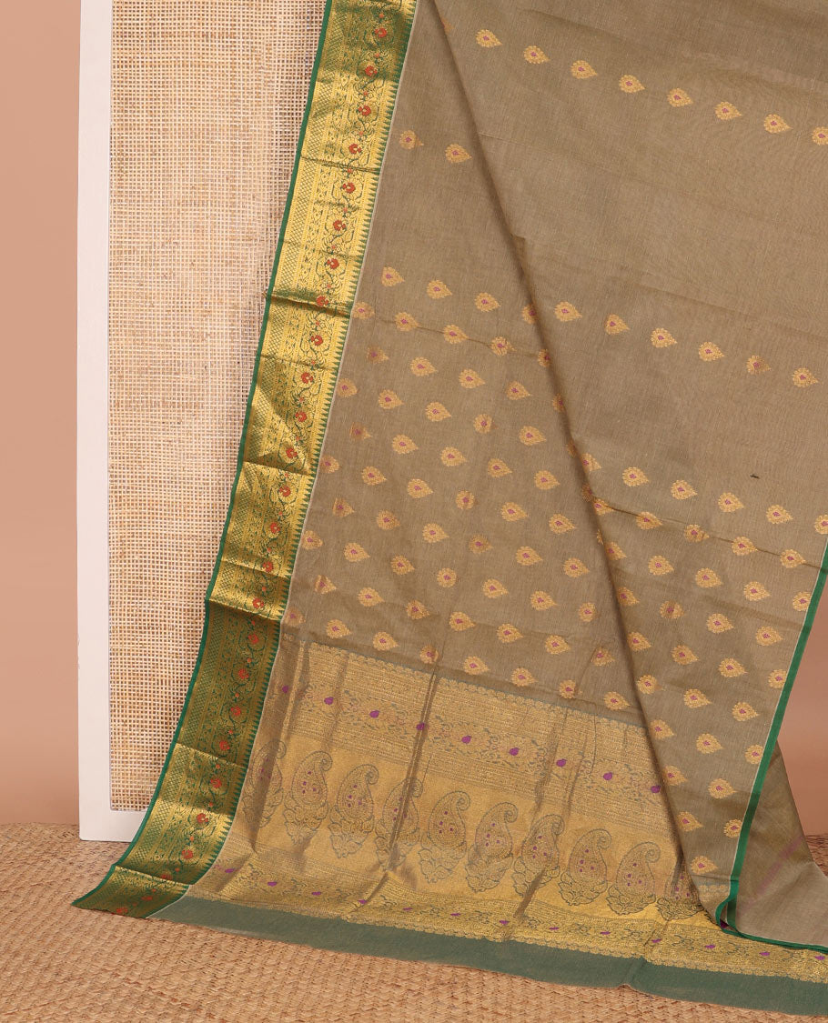 Grey meena buttas Venkatagiri cotton saree, contrast traditional zari border, and pallu of floral creeper, and paisleys