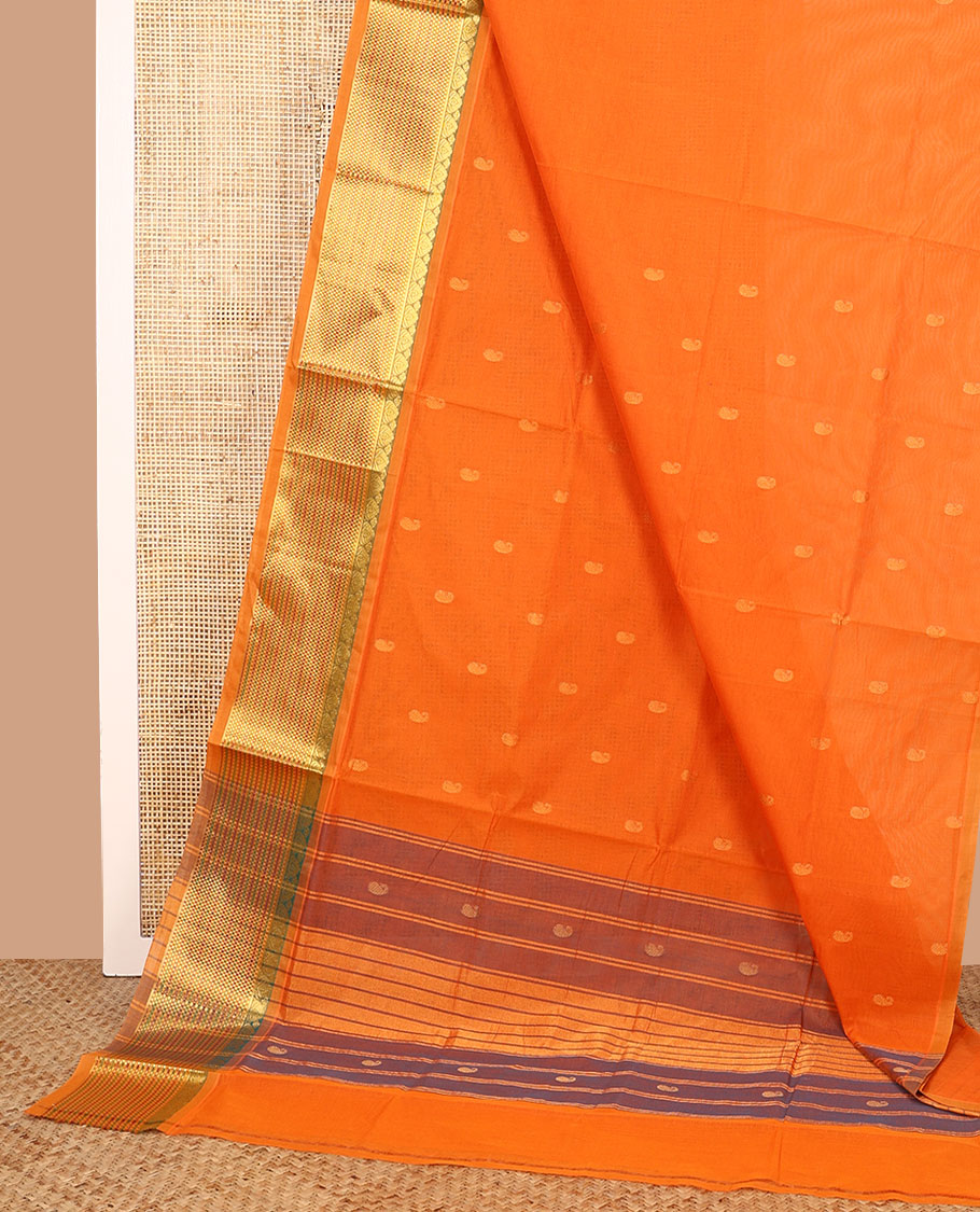 Orange paisley buttas Venkatagiri cotton saree with contrast traditional zari border, and pallu of zari stripes