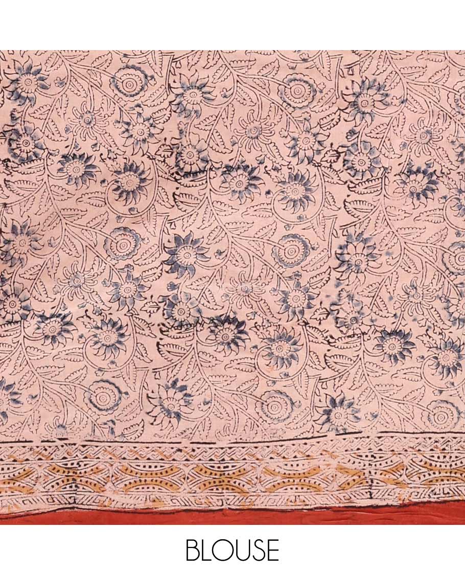 Maroon floral vine machine-printed Kalamkari cotton saree, printed border, and pallu of floral-print