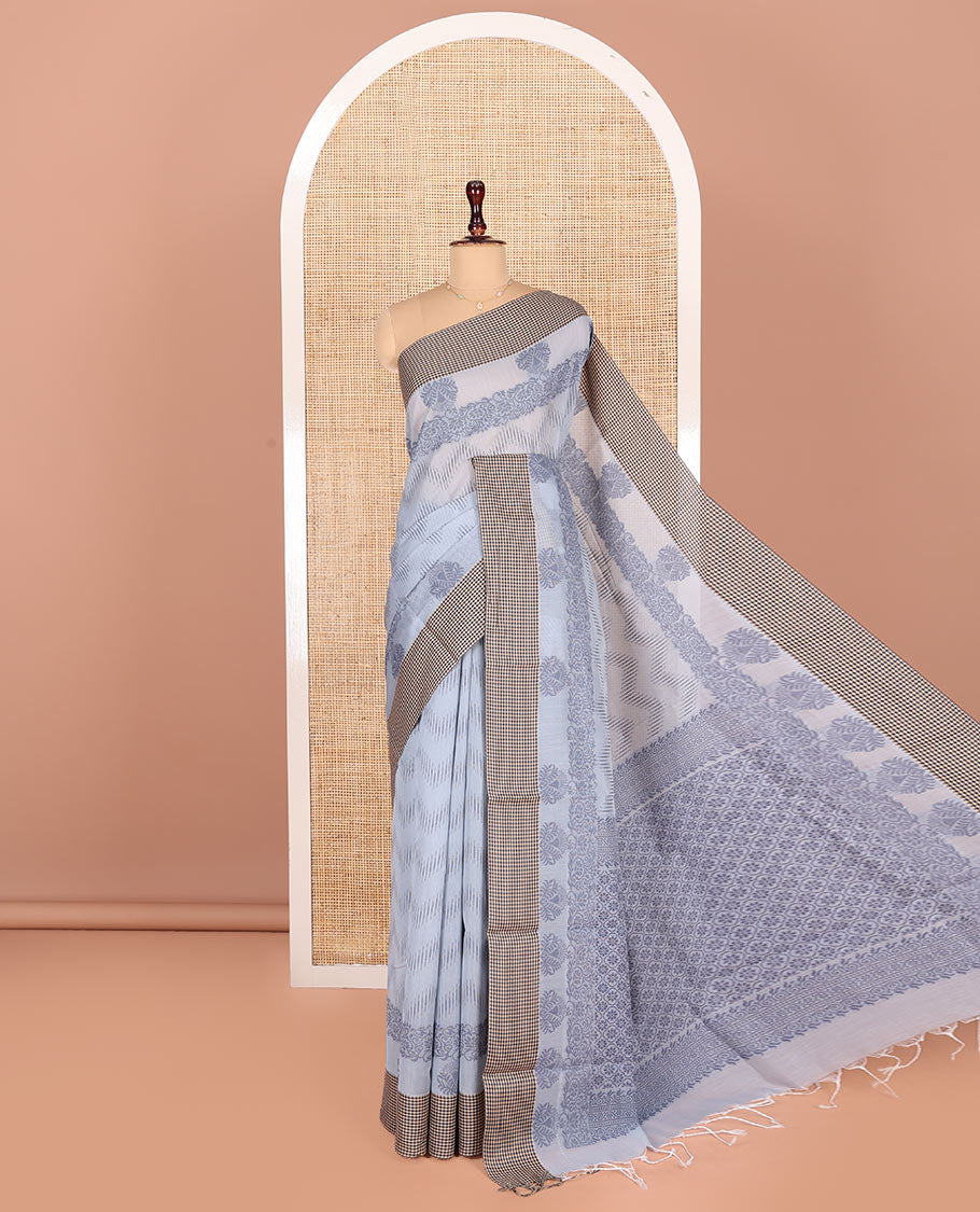 Grey Semi-Silk Cotton Saree, Ornamented with Chevron Stripes All Over Its Body, Complemented by Contrast Micro-Checked Border, Pallu of Jaal Designs, and paired with a Matching Blouse