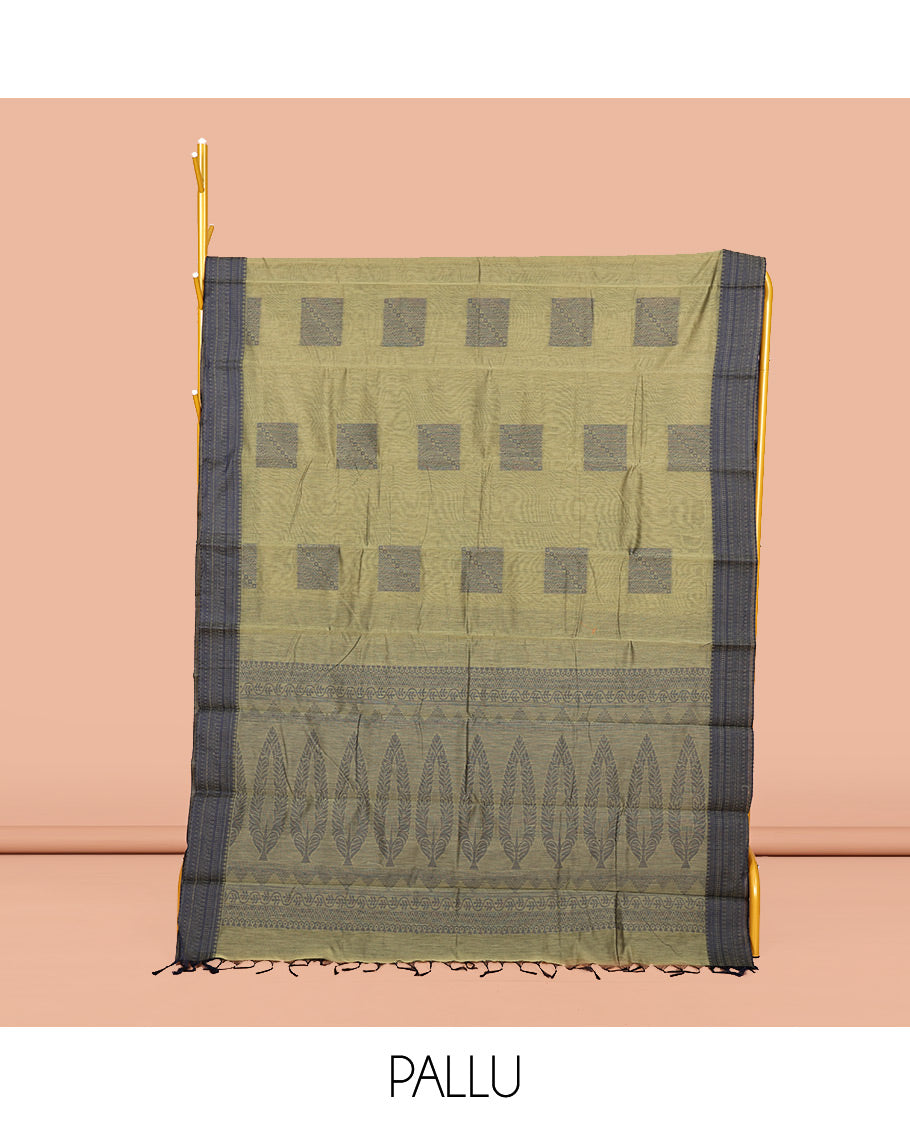 Green Semi-Silk Cotton Saree, Finely Crafted with Square Buttas All Over Its Body, Complemented by a Contrast Traditional Border, Intricately Designed Pallu, and Paired with a Matching Blouse